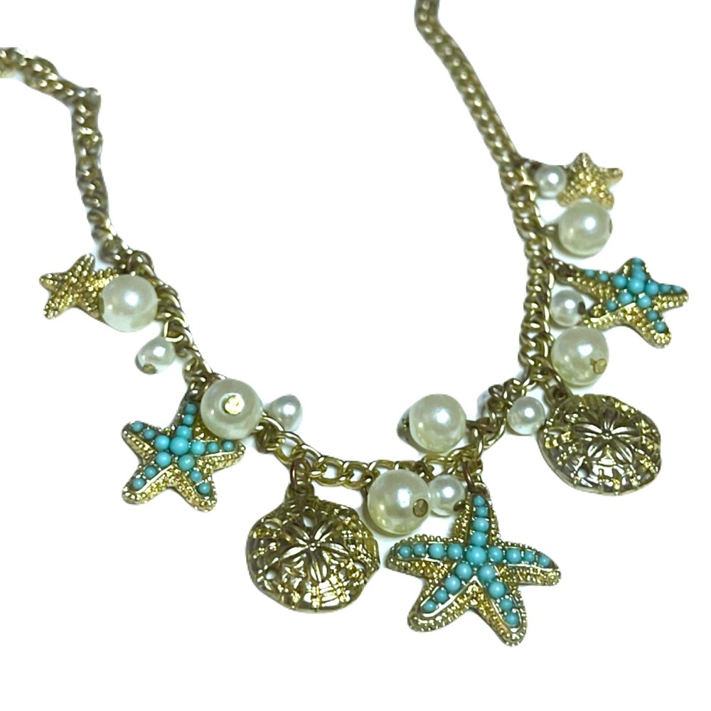 Vintage Beach Natural Blue Turquoise Starfish Shell Gold Pearl Charm Necklace - Picture 2 of 11